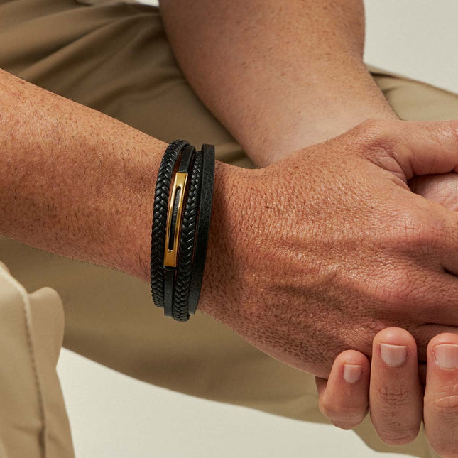 Black and gold leather stainless bracelet