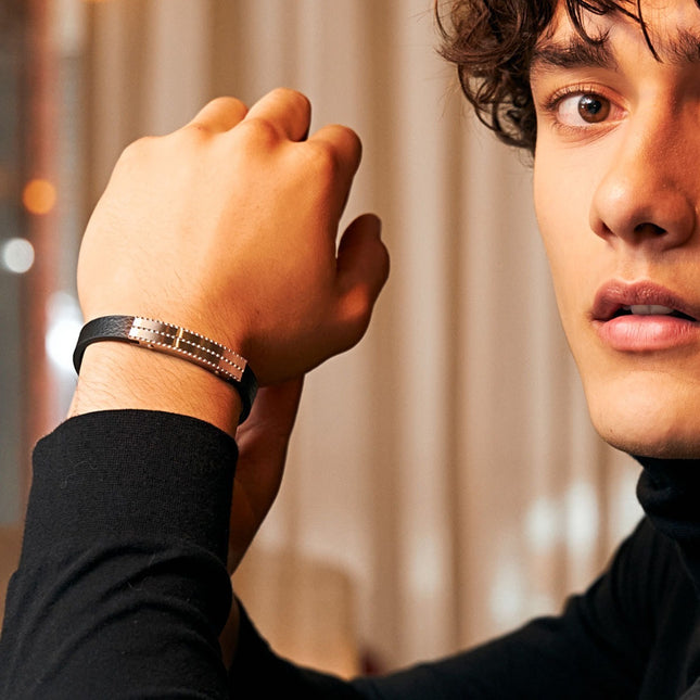 Black leather and stainless bracelet
