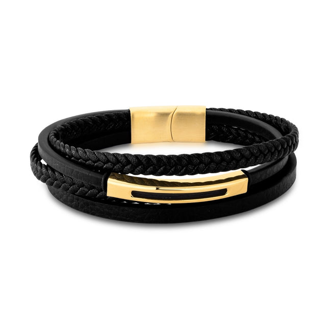 Black and gold leather stainless bracelet