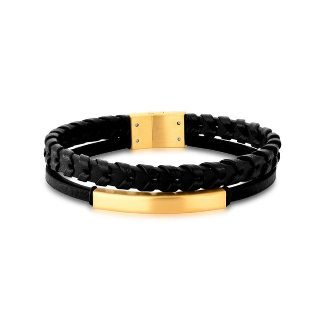 Black leather and stainless steel bracelet