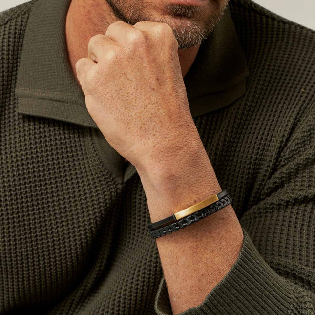 Black leather and stainless steel bracelet