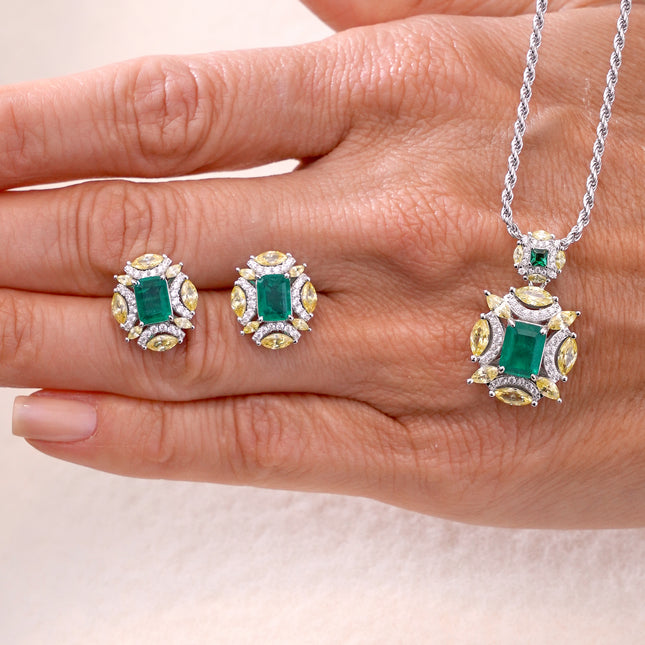 Emerald and fancy yellow earrings