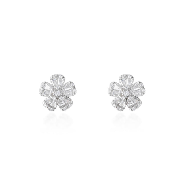 Sterling silver flower baguette earrings