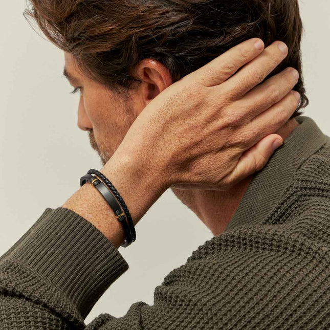 Black and gold leather stainless bracelet