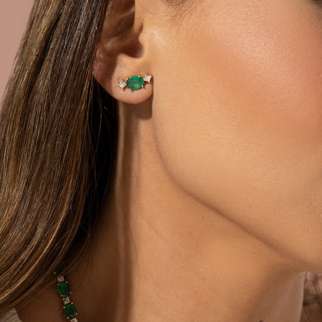 Emerald Crystal and White Zircon Oval Earring