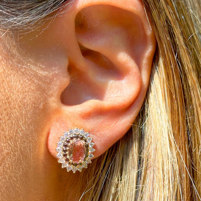 Rhodolite Crystal Oval Earring with White and Chocolate Zirconias Studded Brooch