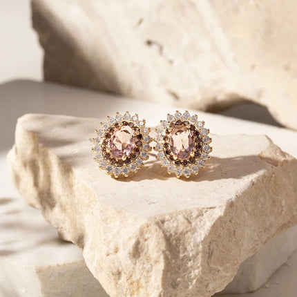 Rhodolite Crystal Oval Earring with White and Chocolate Zirconias Studded Brooch