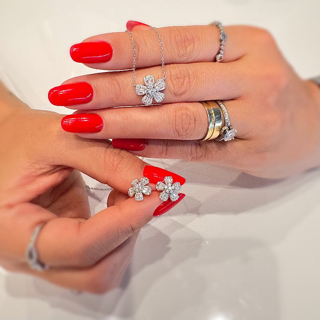 Sterling silver flower baguette zirconia set