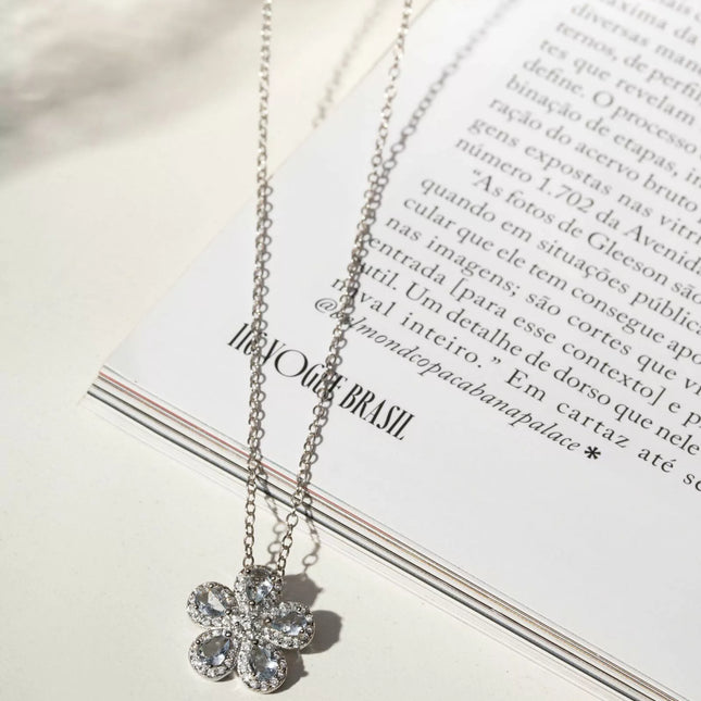 Sterling silver flower aquamarine crystal set