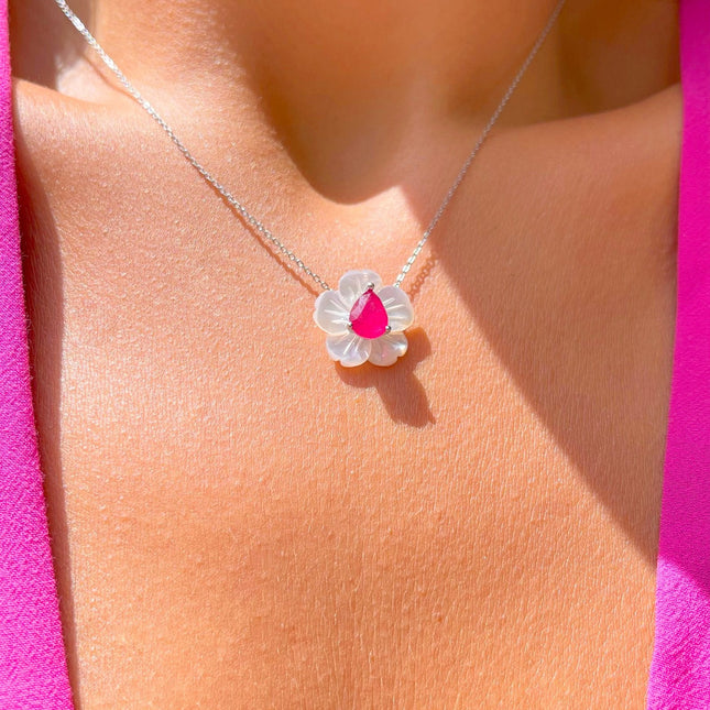Sterling silver tourmaline pink and mother of pearls necklace