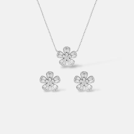 Sterling silver flower baguette zirconia set