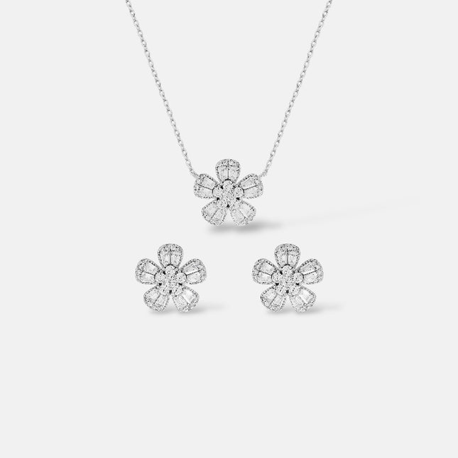 Sterling silver flower baguette zirconia set