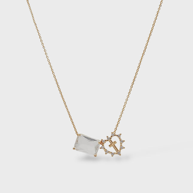 Square crystal and Mary necklace